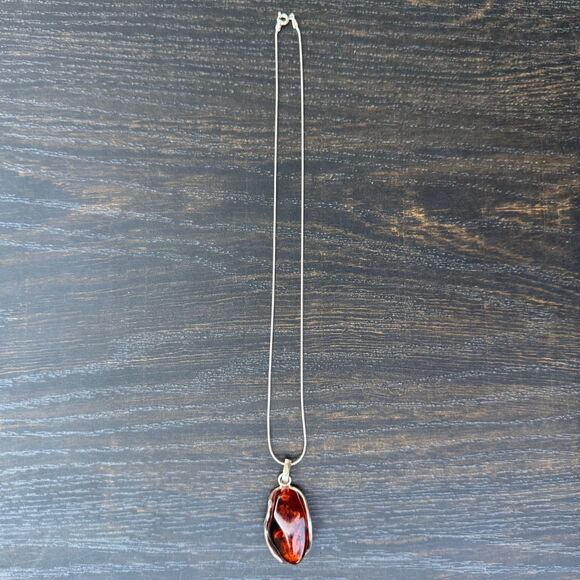 Vintage Genuine Cognac Baltic Amber Pendant, Sterling Silver Frame 18in Necklace - Picture 6 of 14